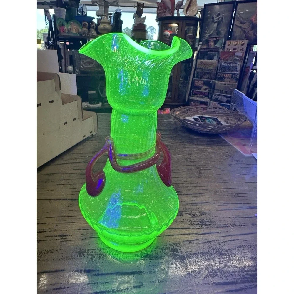 Vintage Green Uranium Glass Vase w/ Applied Orange Spiral Decoration - Rare!